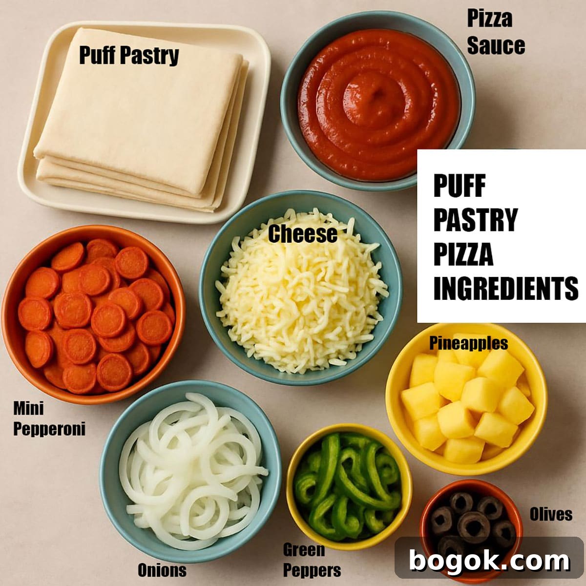 Individual ingredients on neutral beige background.