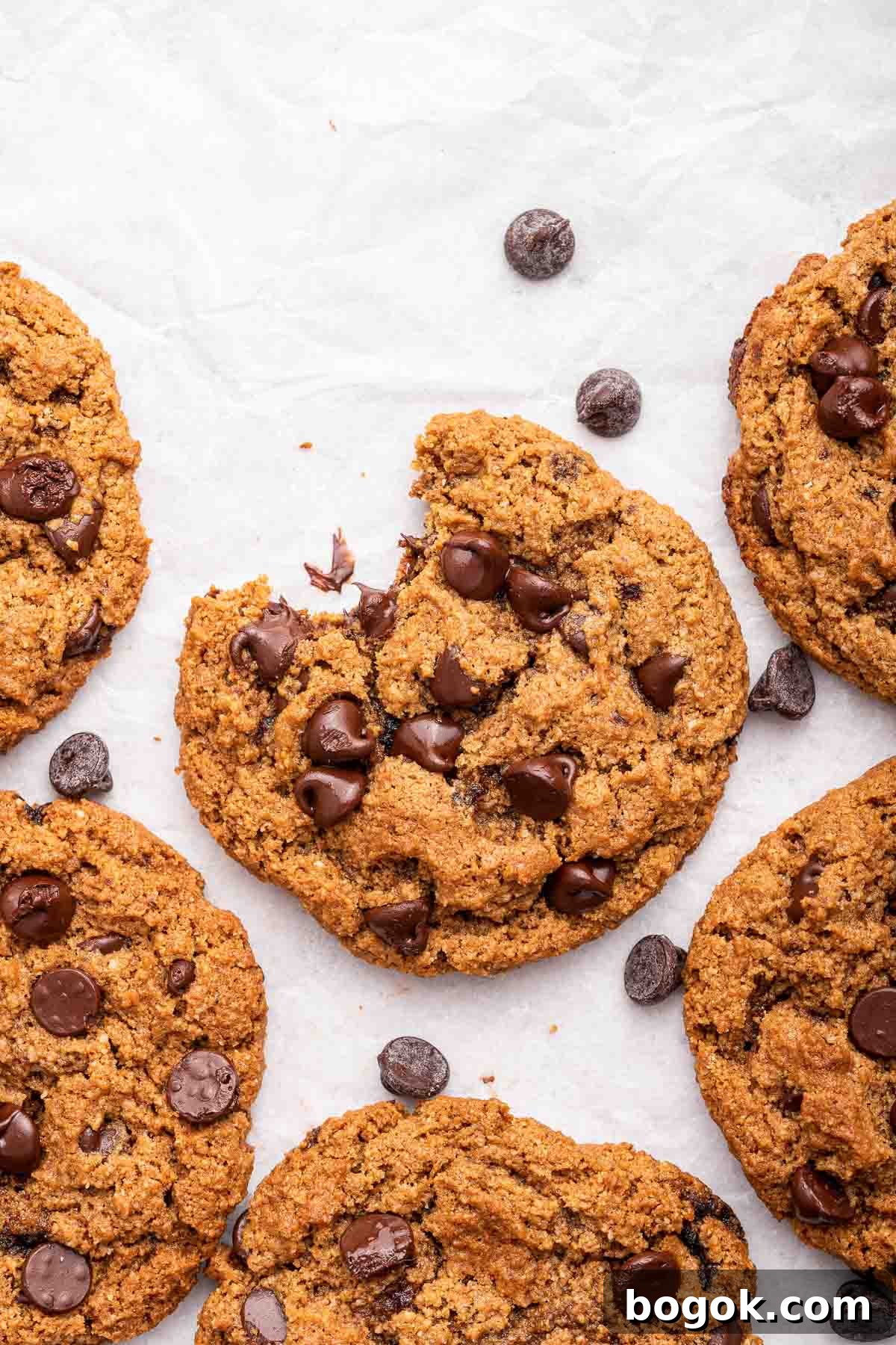 Overhead shot of almond flour chocolate chip cookies, one missing a bite.