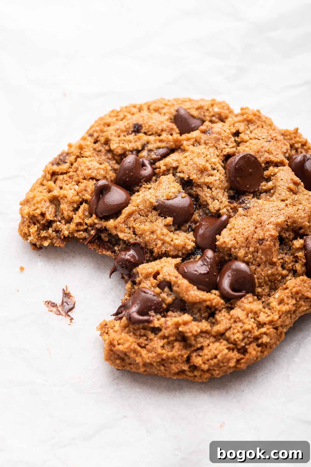 Macro close-up shot of almond flour chocolate chip cookie on white parchment paper with missing bite.