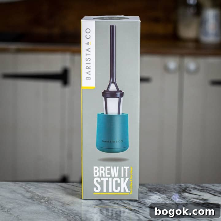 Brew It Stick camping coffee maker box on marble surface