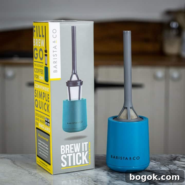 Brew It Stick camping coffee maker and its box on marble surface