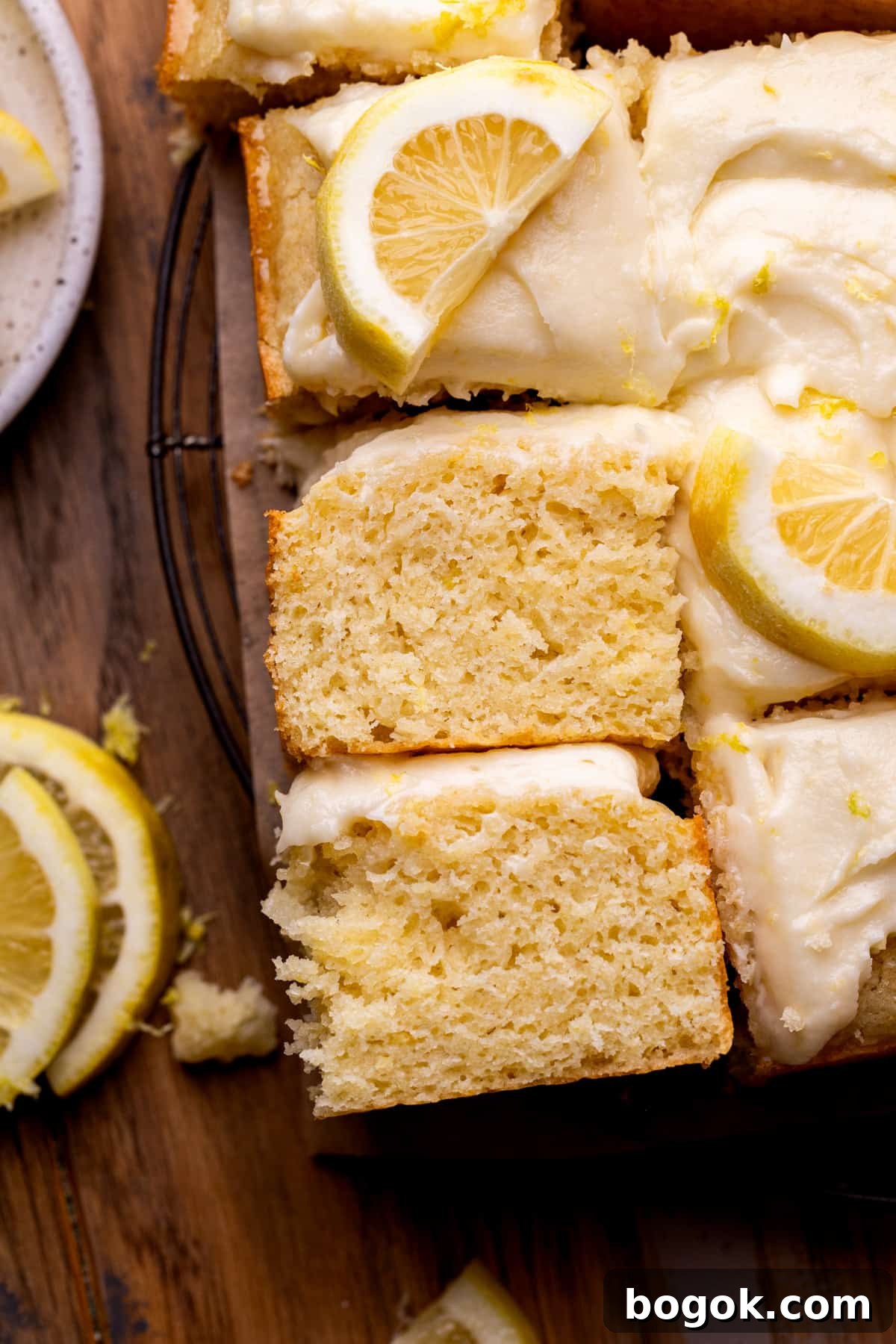 Slice of two cakes on its side.