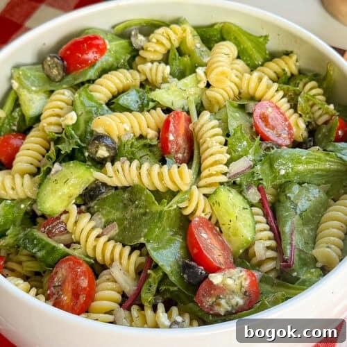 Healthy Greek pasta salad with homemade Greek dressing served