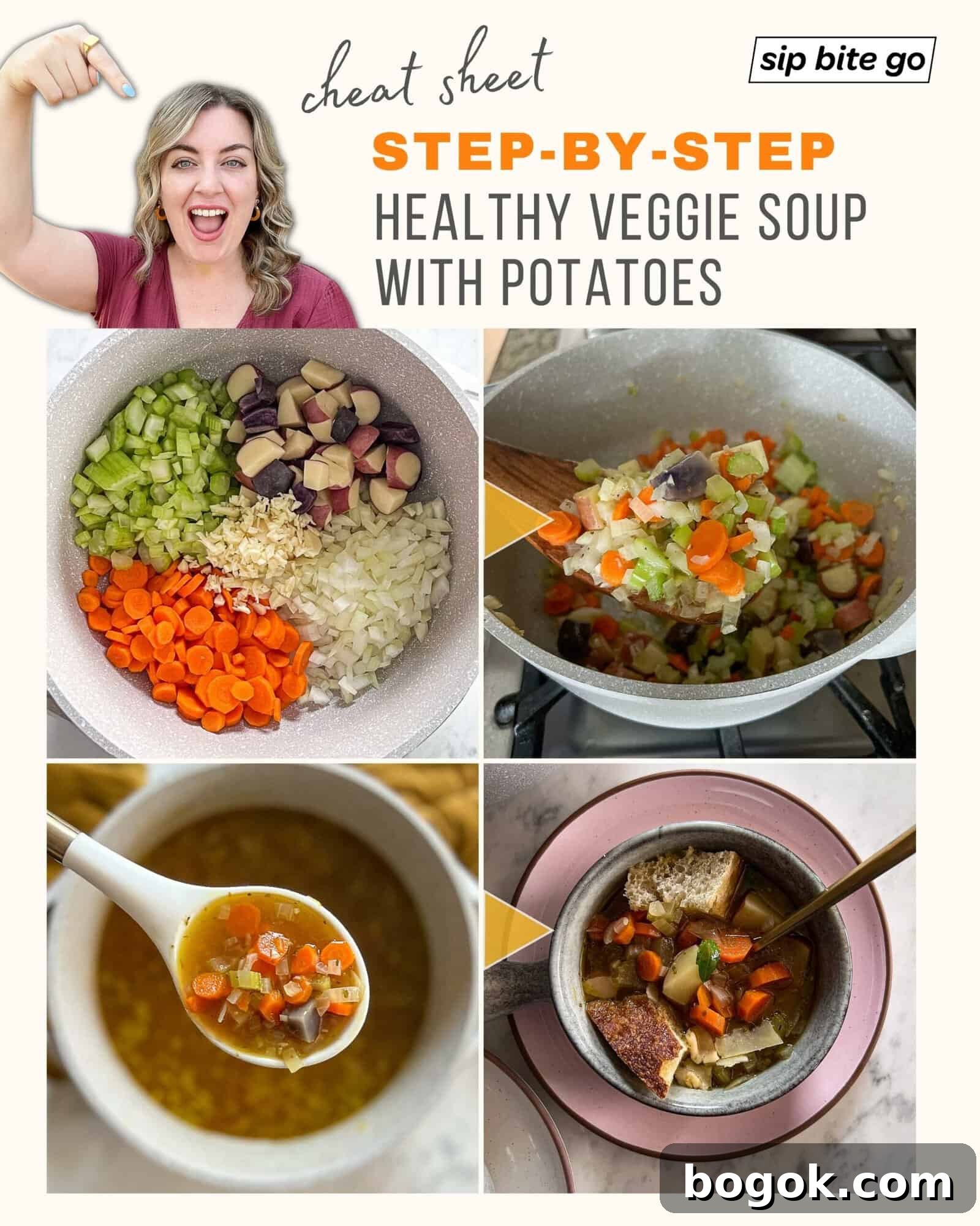 Infographic with step by step recipe depicting how to make vegetable soup with potatoes