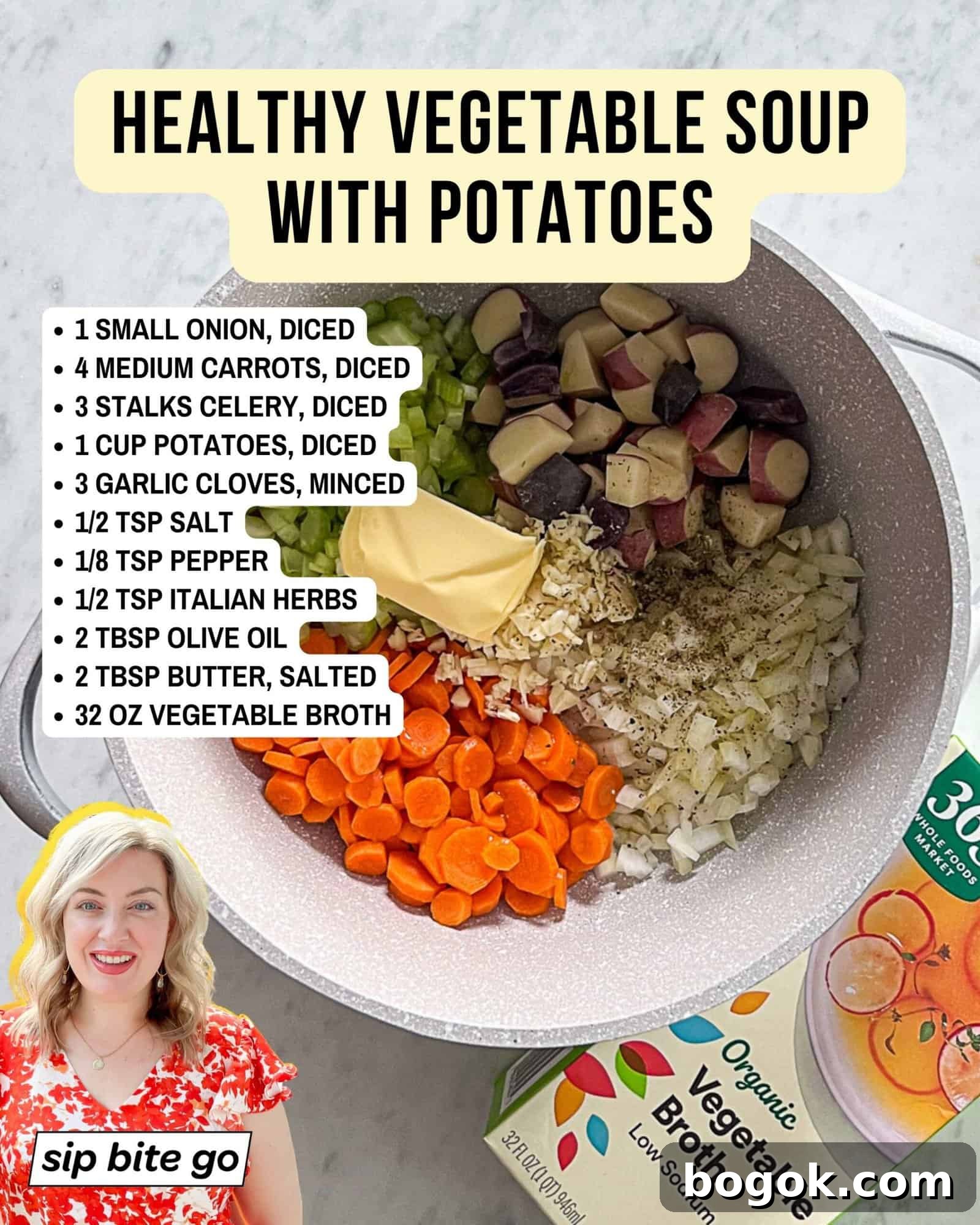 Infographic with ingredients list for Healthy Vegetable Soup with Potatoes