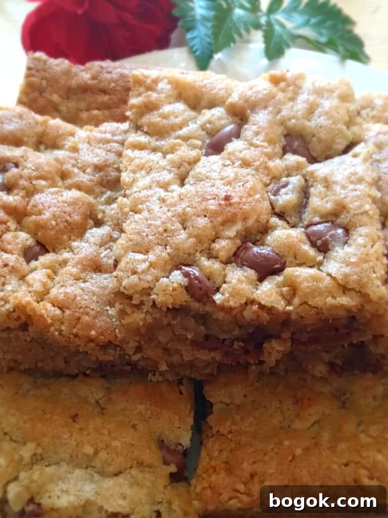 Amish Oatmeal Chocolate Chip Bars Recipe — Chewy, Old-Fashioned Treat 6 a stack of oatmeal chocolate chip bars.