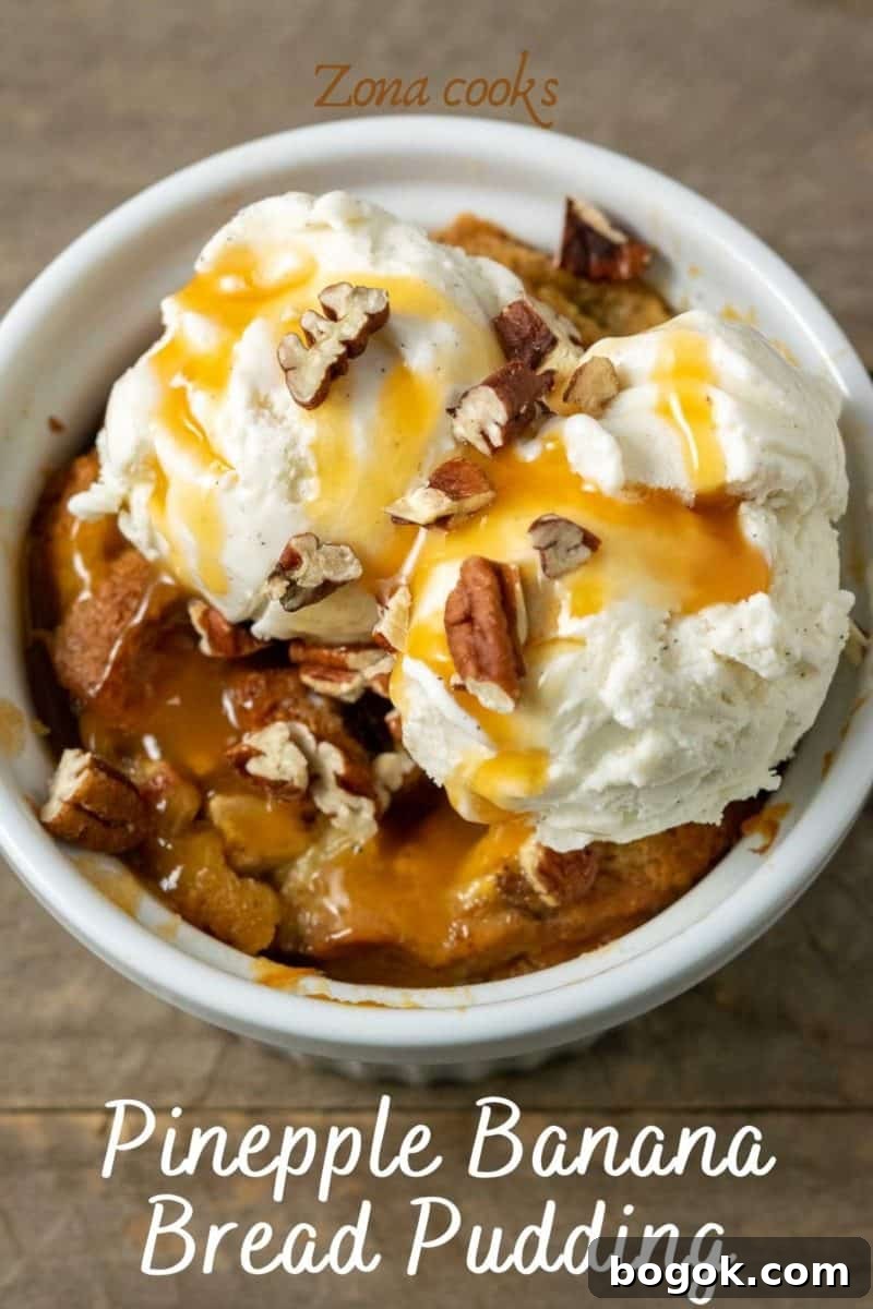 Pineapple Banana Bread Pudding Recipe for Moist, Fruity Dessert 2 Pineapple Banana Bread Pudding topped with caramel sauce, pecans, and ice cream.