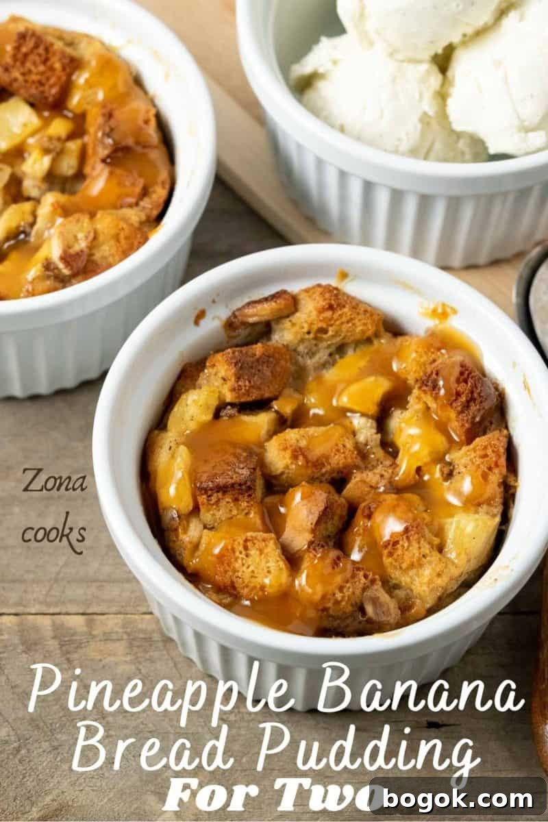 Pineapple Banana Bread Pudding Recipe for Moist, Fruity Dessert 12 Pineapple Banana Bread Pudding topped with caramel sauce and a side of ice cream.