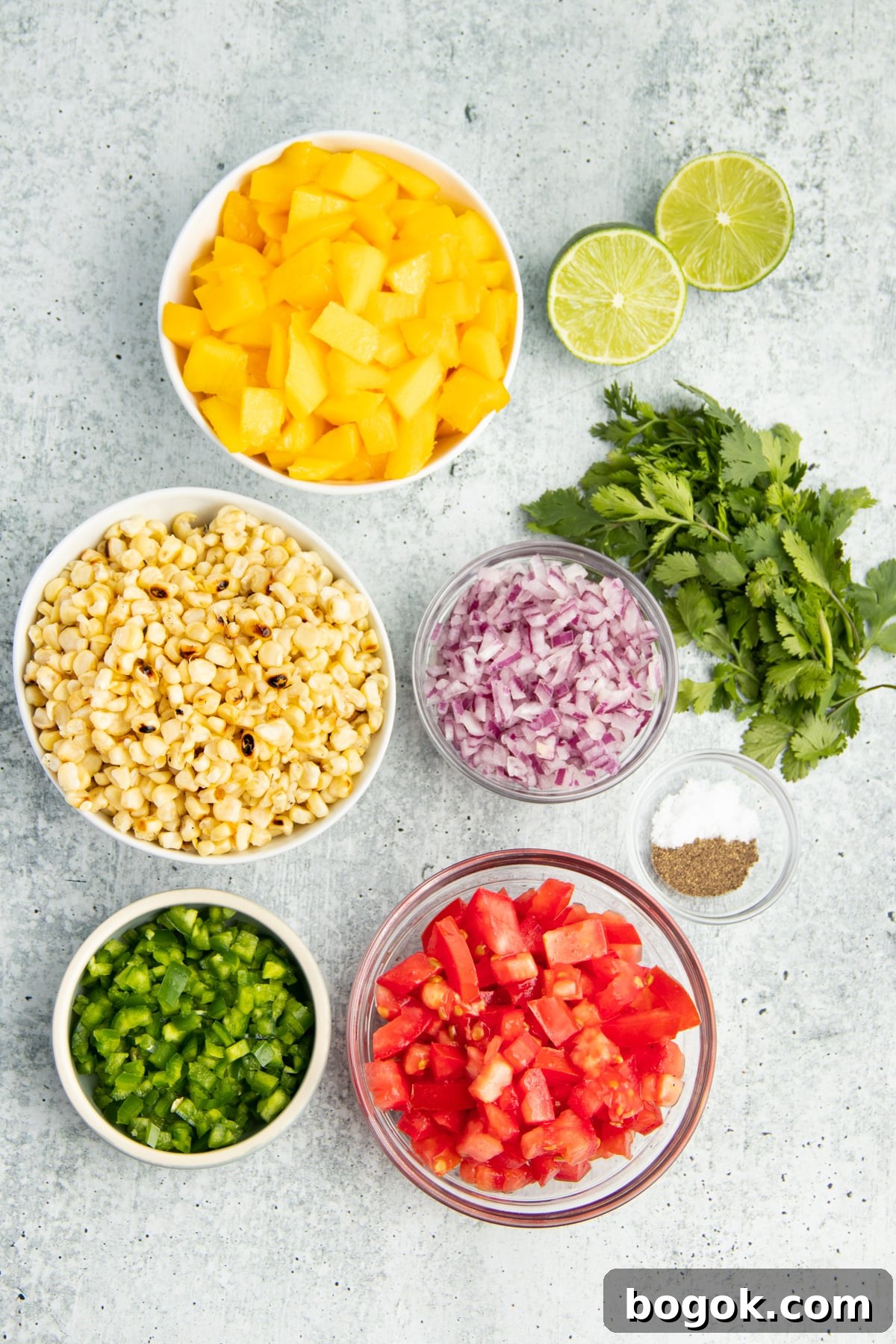 Mango Grilled Corn Salsa Recipe for Summer Parties and BBQs 4 Picture of all ingredients of mango salsa in individual bowls.