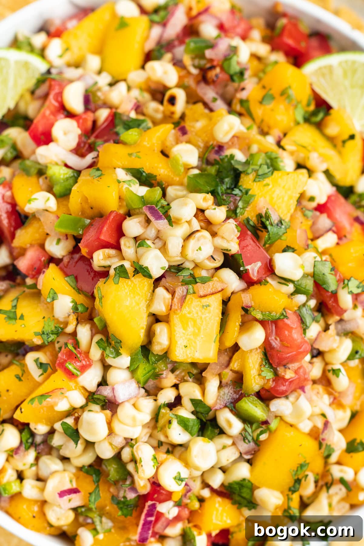 Mango Grilled Corn Salsa Recipe for Summer Parties and BBQs 5 Close-up picture of the salsa.