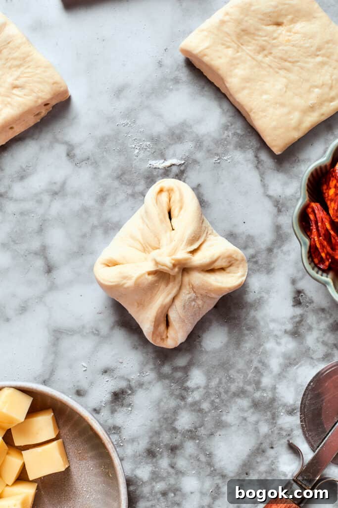 The dough is folded up around the filling.