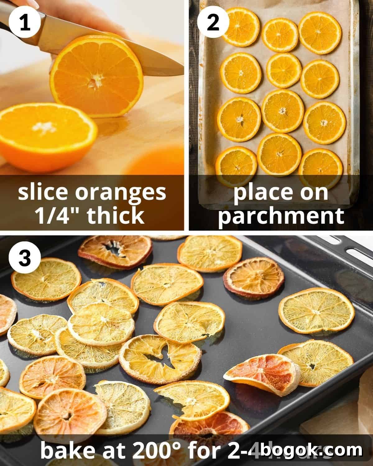 Dry Orange Slices in the Oven for Edible and Decorative Uses 4 A 3 photo collage showing the assembly of dry oranges.