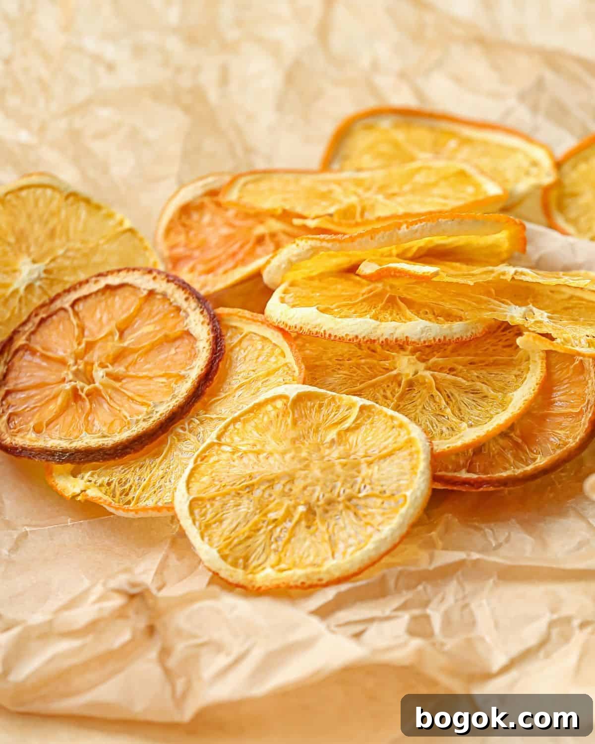 Dry Orange Slices in the Oven for Edible and Decorative Uses 5 Up close photo of dry orange slices.