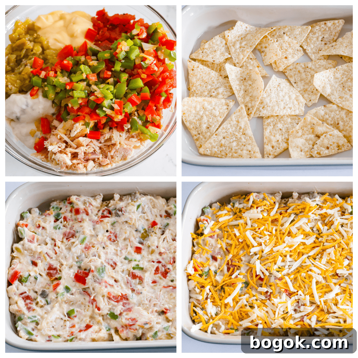 First photo of the creamy chicken mixture ingredients in a bowl. Second photo of the chips layered in a baking dish. Third photo of the creamy chicken mixture layered on top of the chips. Fourth photo of cheese sprinkled on top of the casserole.