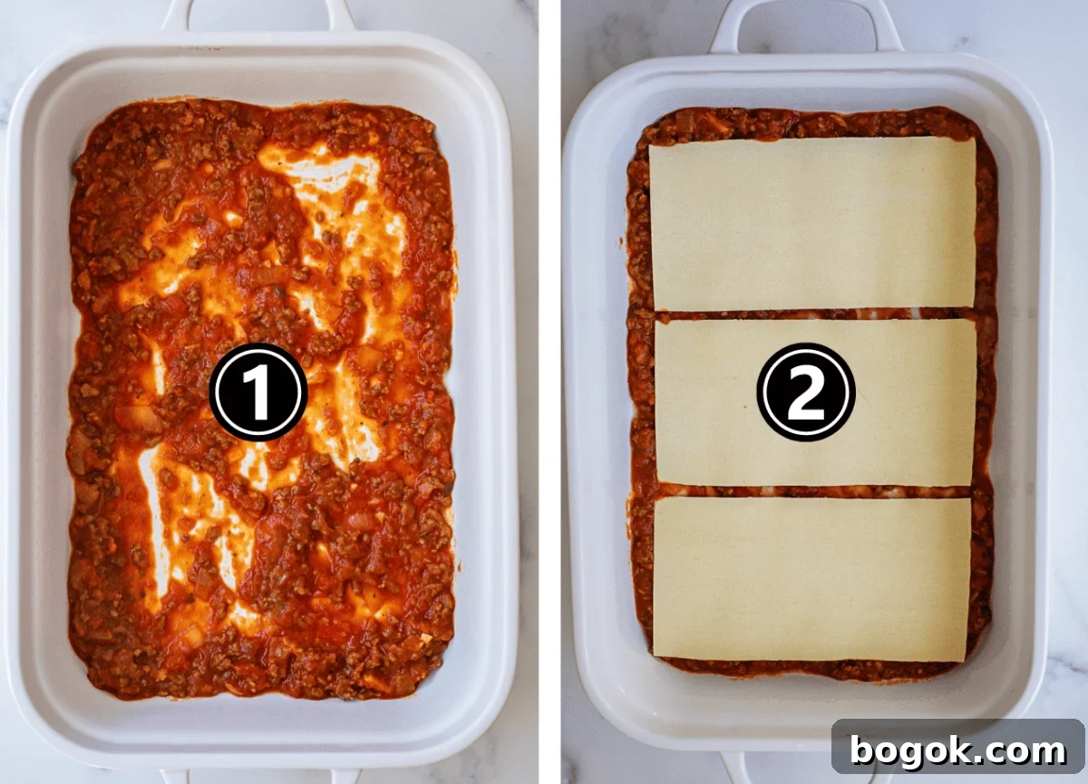Ultimate Homemade Lasagna Recipe for Savory, Cheesy Layers 9 The first 2 steps of layering lasagna, sauce and noodles.