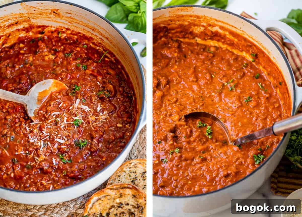 Ultimate Homemade Lasagna Recipe for Savory, Cheesy Layers 5 two pots of red meat sauce side by side, with a spoon in each pot.