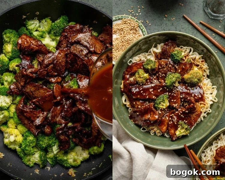 Side-by-side images showing the final steps of beef and broccoli stir-fry: sauce being poured over tender beef and bright green broccoli in a skillet; finished dish served over noodles.