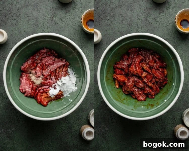 Two side-by-side images showing sliced flank steak in a green bowl before and after marinating with soy sauce, cornstarch, and seasonings.