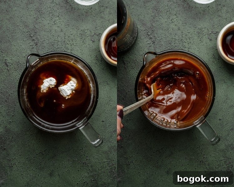 Two side-by-side images showing the stir-fry sauce being mixed in a glass measuring cup.