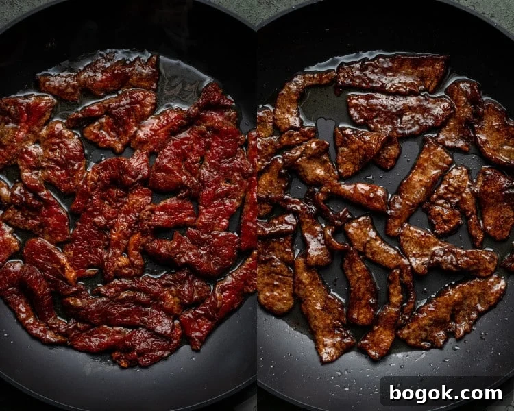 Two side-by-side images of marinated beef cooking in a skillet — raw beef searing on the left, browned and caramelized on the right.
