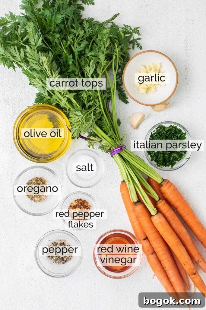 The ingredients needed to make a carrot top chimichurri.