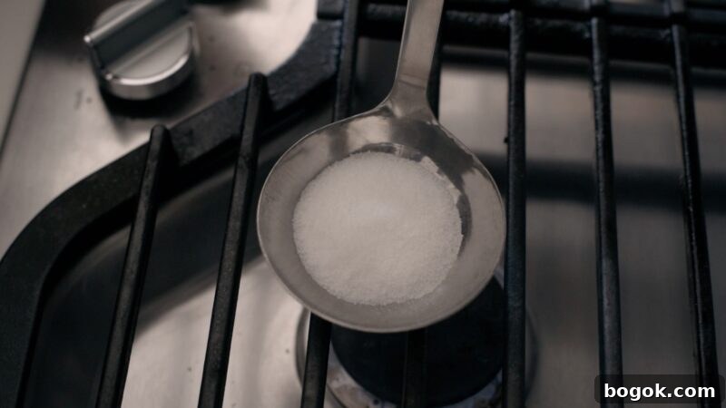 5-Minute Dalgona Candy Recipe: Quick Korean Honeycomb Toffee 6 White sugar is place in a ladle over heat source on the stove.