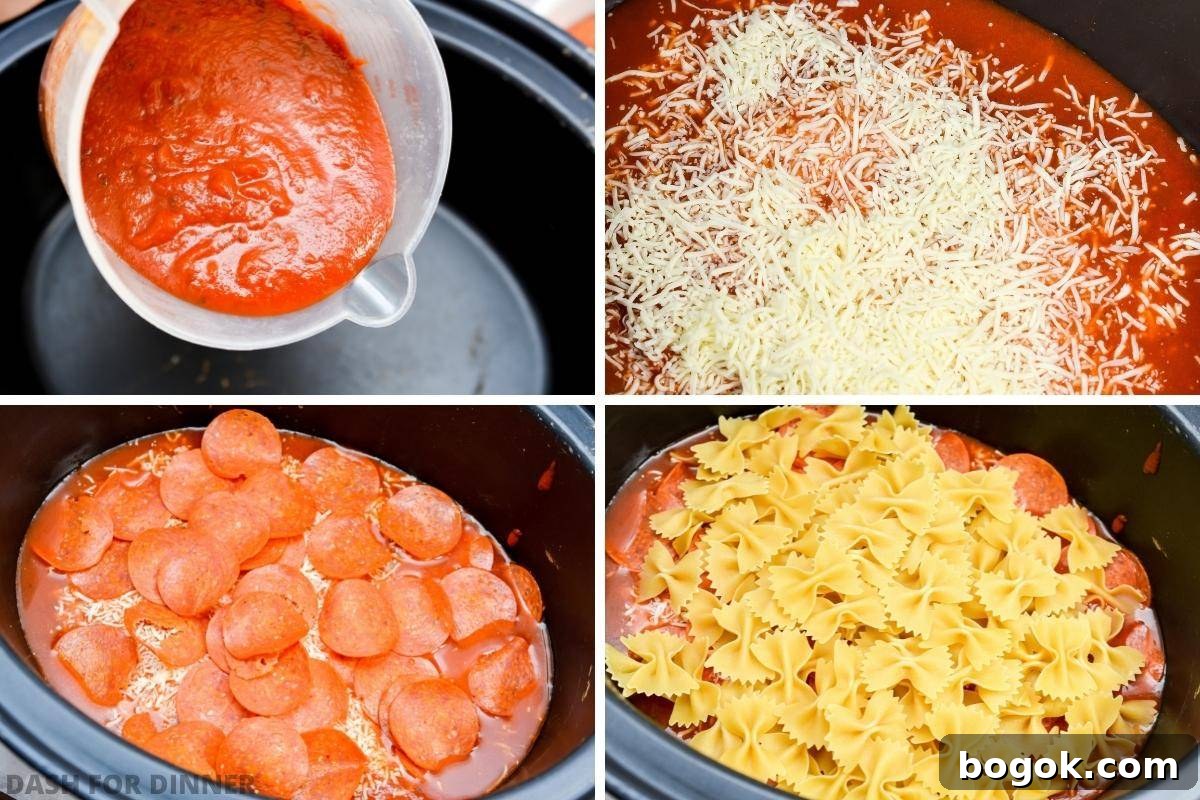 Slow-Cooker Pizza Casserole Recipe for Busy Weeknights 4 Adding marinara, cheese, pepperoni, and pasta sauce to a slow cooker.