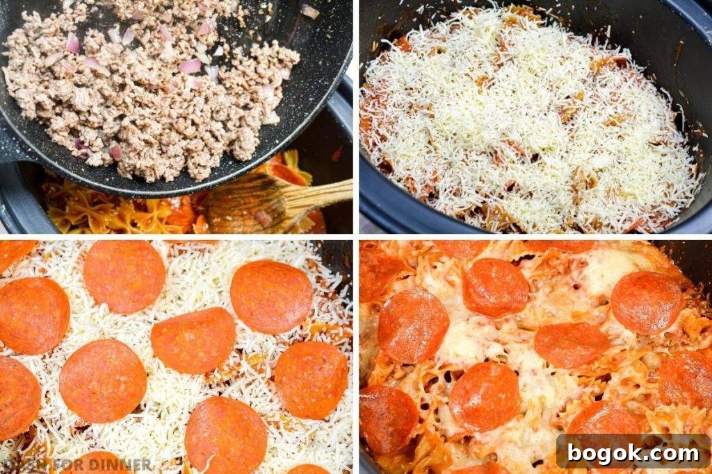 Slow-Cooker Pizza Casserole Recipe for Busy Weeknights 5 Adding ground beef, cheese, and pepperoni to a slow cooker.