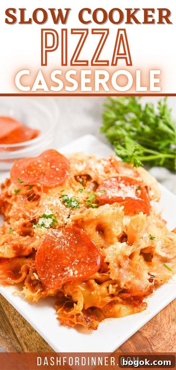 Slow-Cooker Pizza Casserole Recipe for Busy Weeknights 9 A bowl of pizza casserole, garnished with parsley.