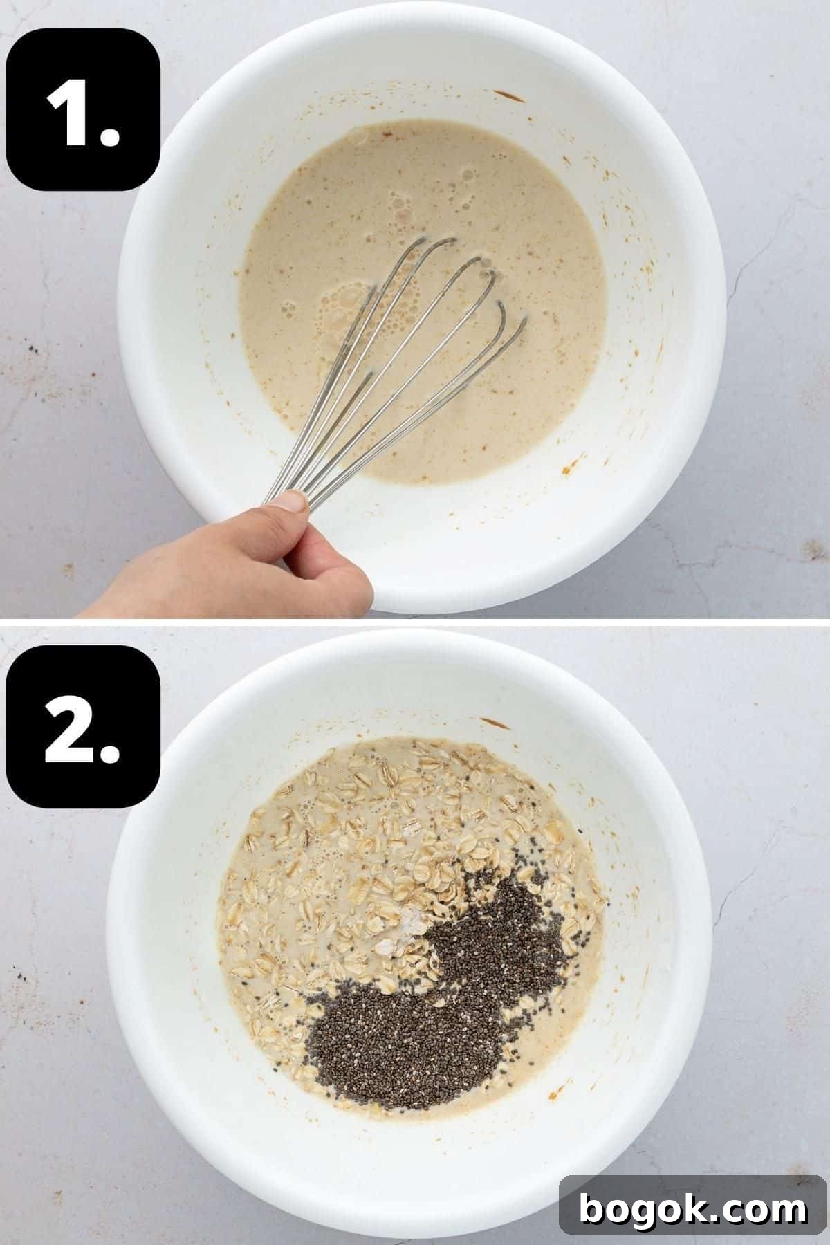 Creamy Biscoff Overnight Oats Recipe for Quick Breakfast 4 Steps 1-2 of preparing this recipe - whisking the Biscoff spread with milk in a bowl and the remaining ingredients added.