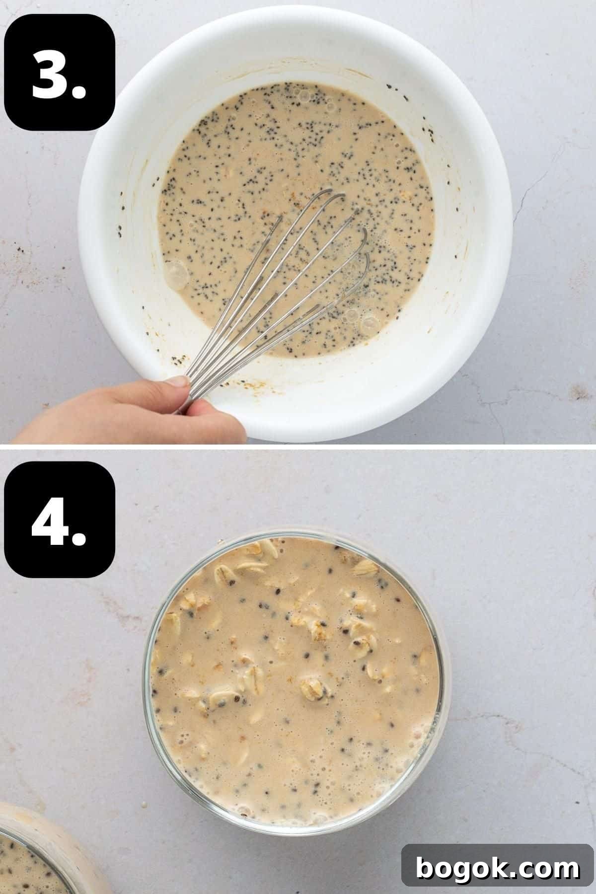Creamy Biscoff Overnight Oats Recipe for Quick Breakfast 5 Steps 3-4 of preparing this recipe - the ingredients combined and in a jar ready for the fridge.