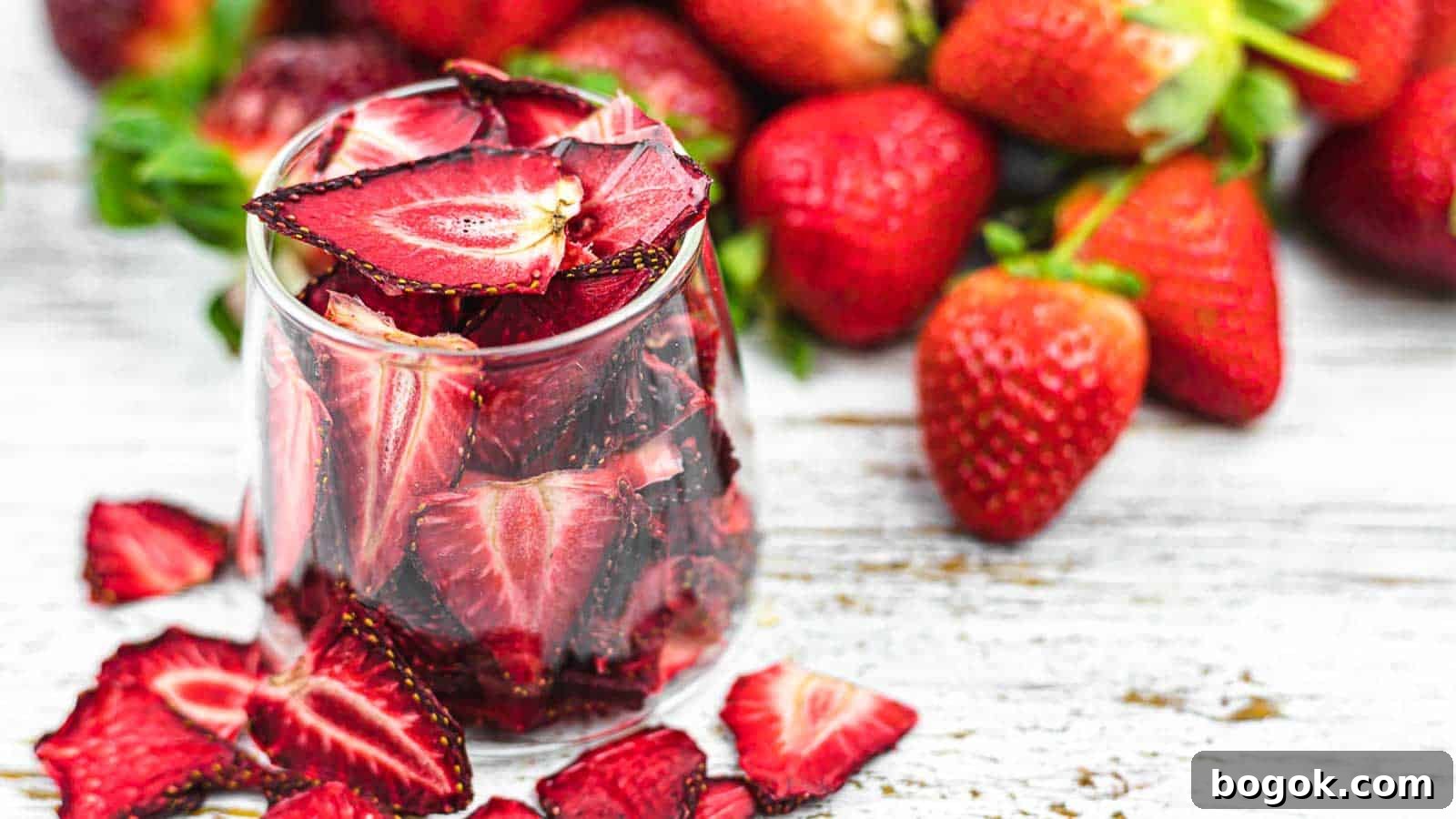 Dehydrated Strawberries in a glass with fresh strawberries in the background.