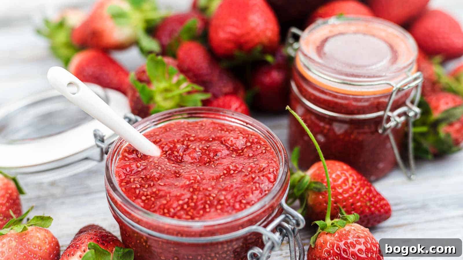 Sugar Free Strawberry Jam in a glass container.