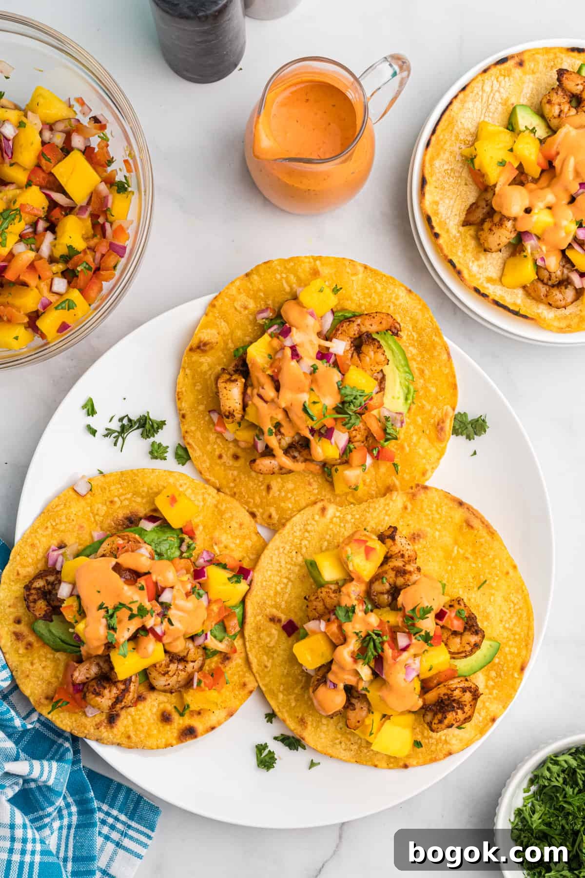 Mango Salsa Grilled Shrimp Tostadas with Chipotle Cream 2 Three shrimp tostadas are placed on a single white plate.