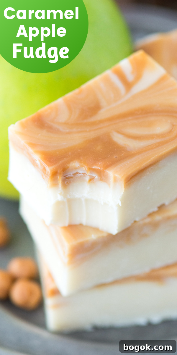 Salted Caramel Apple Fudge Recipe for Fall Treats 5 caramel apple fudge with bite removed on one piece with text overlay