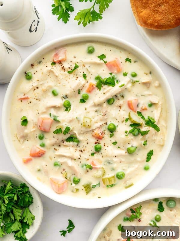 Creamy Broccoli and Cauliflower Soup Recipe for Comforting Meals 10 Bowl of Chicken Pot Pie Soup garnished with parsley and cracked pepper, served with biscuits on the side.