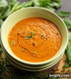 soup in green bowl with fresh basil and thyme blurred in background