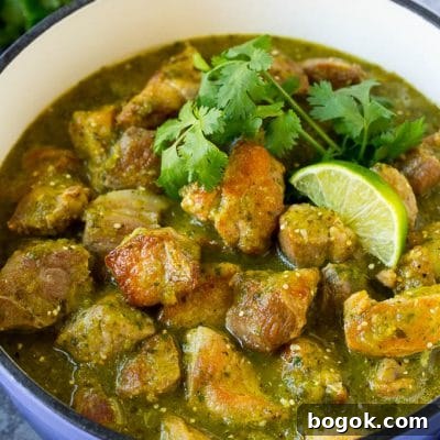 A pot of chile verde topped with cilantro and lime wedges. A pot of chile verde topped with cilantro and lime wedges.