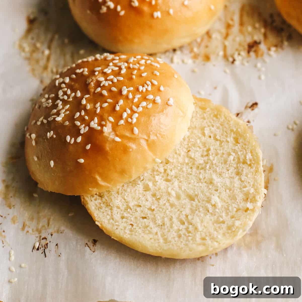 up close photos of a Homemade Burger Bun cut in half