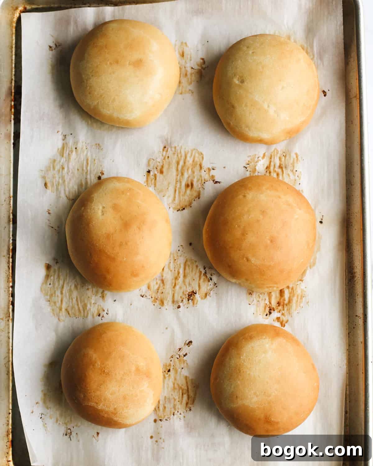 Homemade Hamburger Buns on a baking sheet after baking
