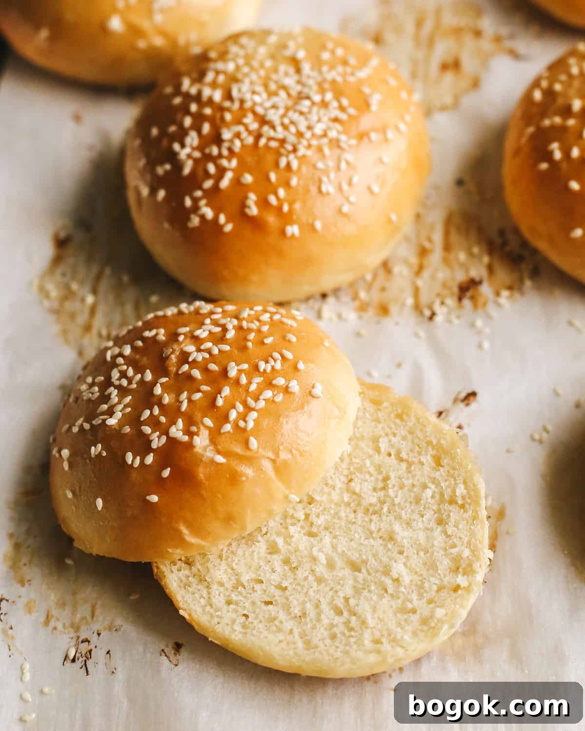 6 Homemade Hamburger Buns (Burger Buns), one cut in half
