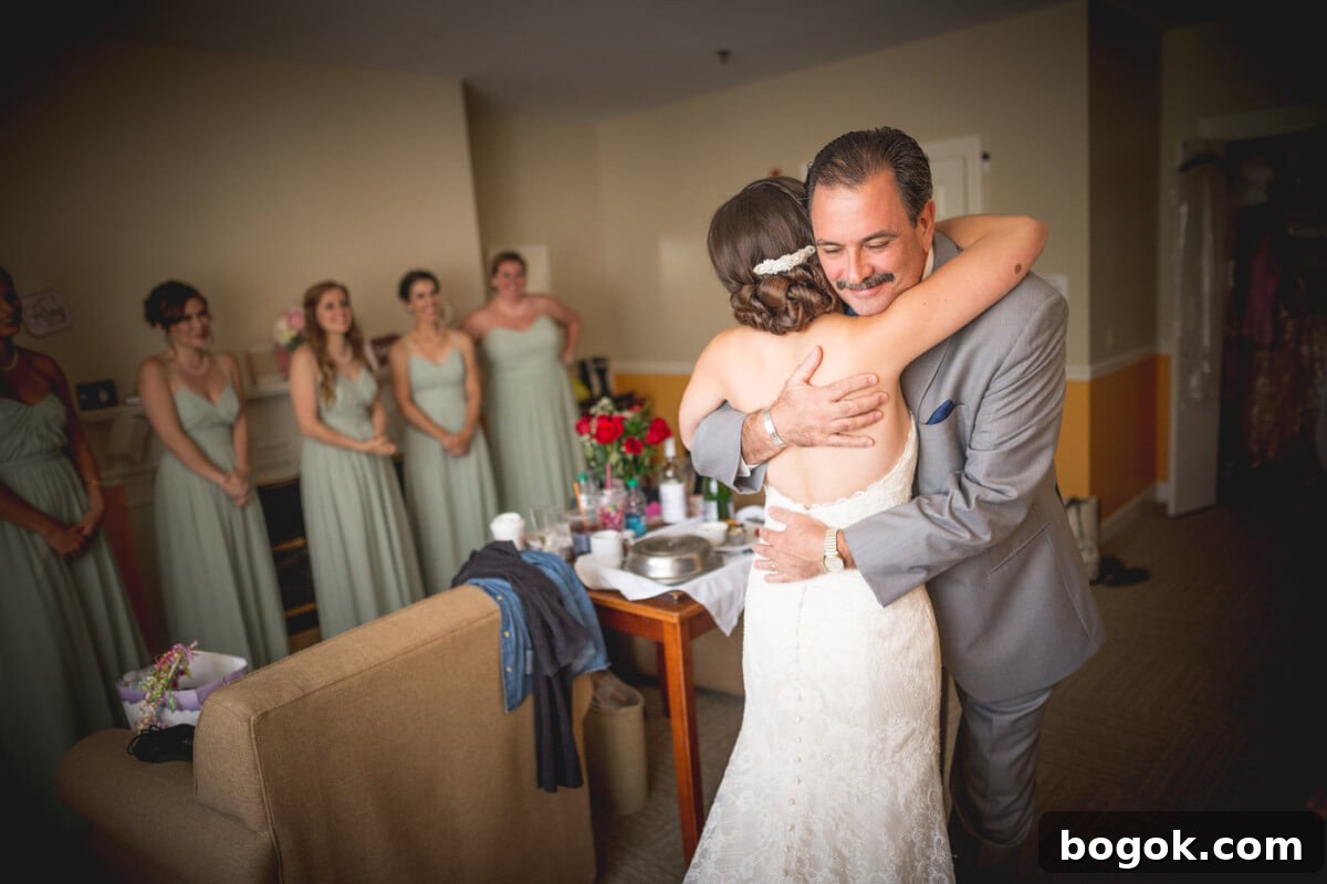 Bride First Look Father Bridesmaids Background