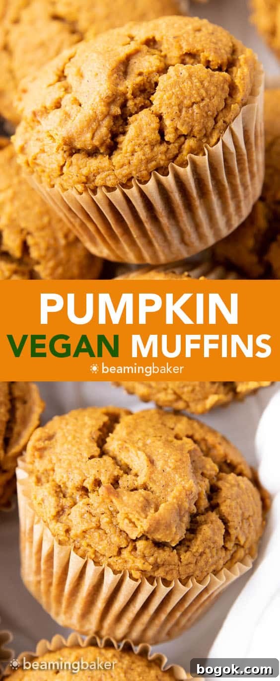 Vegan Pumpkin Muffins: this vegan pumpkin muffin recipe is easy & eggless! The best vegan pumpkin muffins – moist, soft & tender crumb, perfectly spiced. #Vegan #Pumpkin #Muffins #Fall | Recipe at BeamingBaker.com