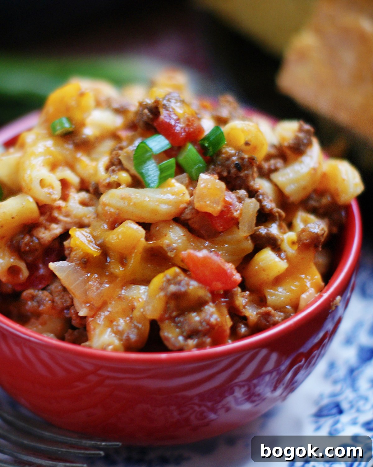 The best old fashioned chili macaroni and cheese recipe served in a bowl.