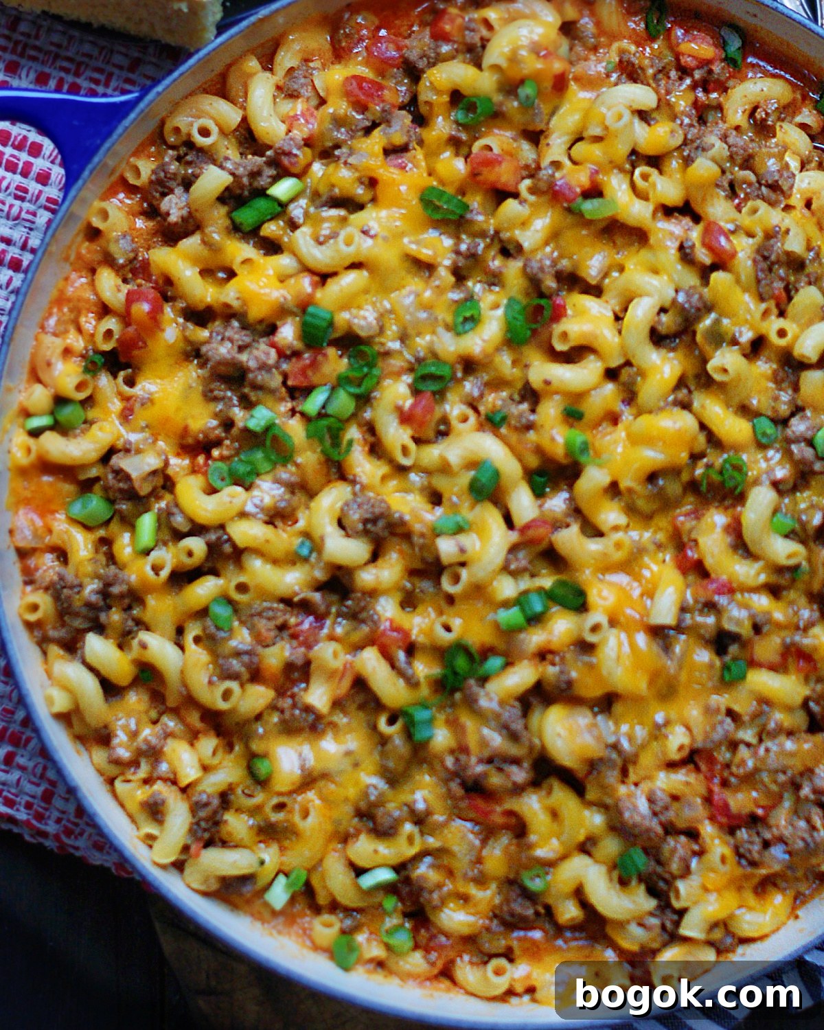 An up close view of homemade chili mac, a quick and easy classic comfort meal for the family.