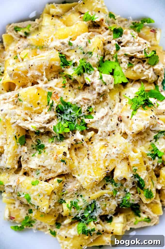 close up on creamy crockpot chicken pasta topped with Parmesan and parsley