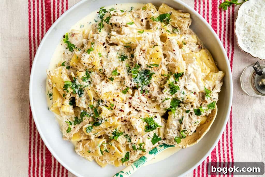 bowl of crockpot chicken pasta in a creamy sauce