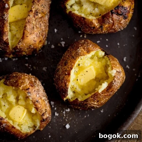 Square overhead image of four open baked potatoes, with butter, on a tray.