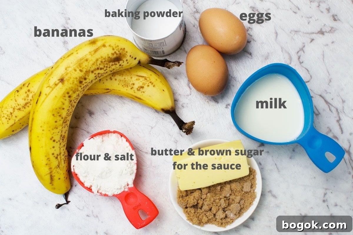 Fluffy Pancakes with Caramelized Bananas and Maple Topping 3 Ingredients for making caramelised banana pancakes: bananas, baking powder, eggs, milk, flour and salt, butter and brown sugar for the caramelised bananas