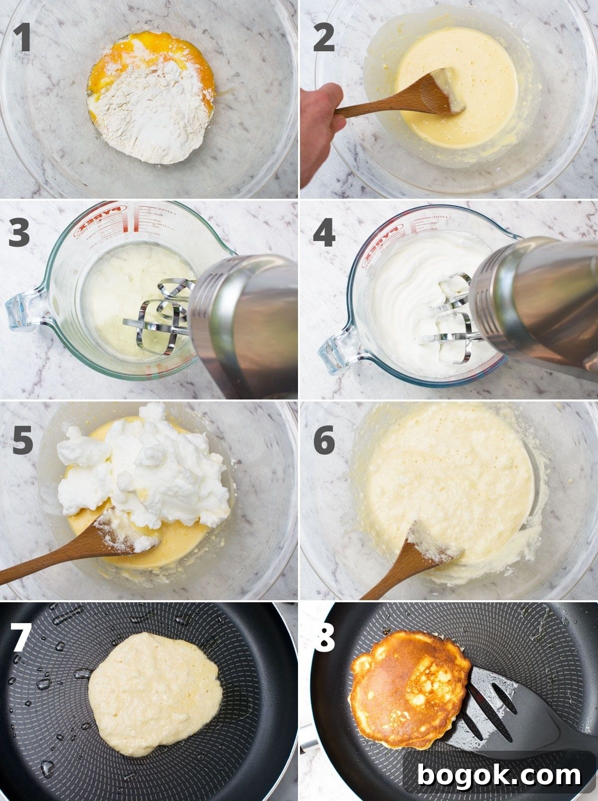 Fluffy Pancakes with Caramelized Bananas and Maple Topping 4 8 small images showing the steps to making the batter for banana pancakes. The main difference to regular pancakes is whisking egg whites to add to the batter.